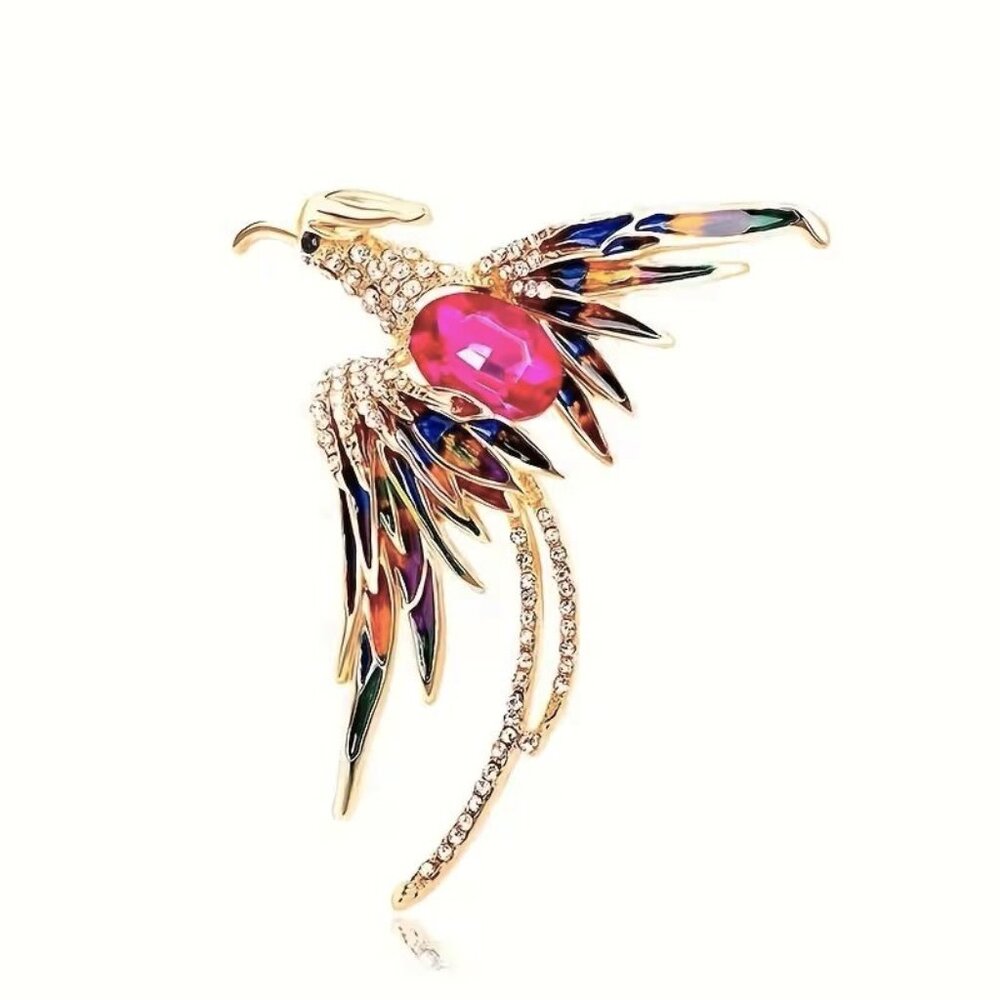Phoenix Brooch Colorful Crystals Pink Sapphire Gold Plated Trendy Glam Stylish